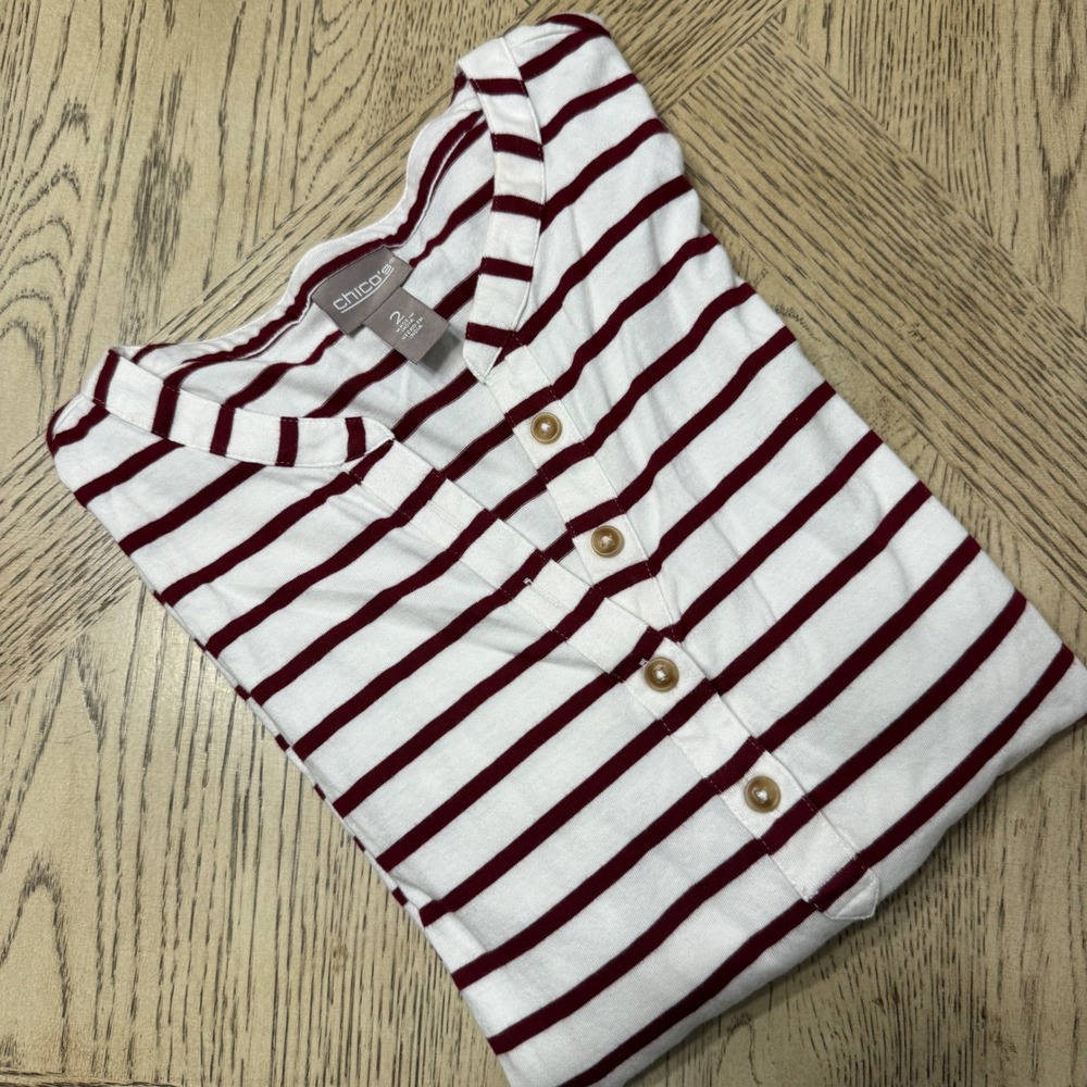 Chico's White and Burgundy Striped Long Sleeve Henley Top